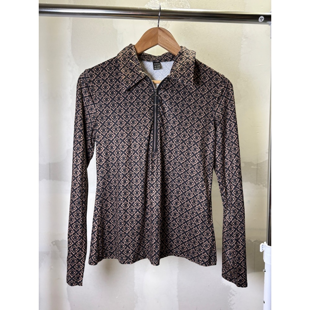 SHEIN Women Brown Black Geometric Print Quarter Zip Pullover Top XL